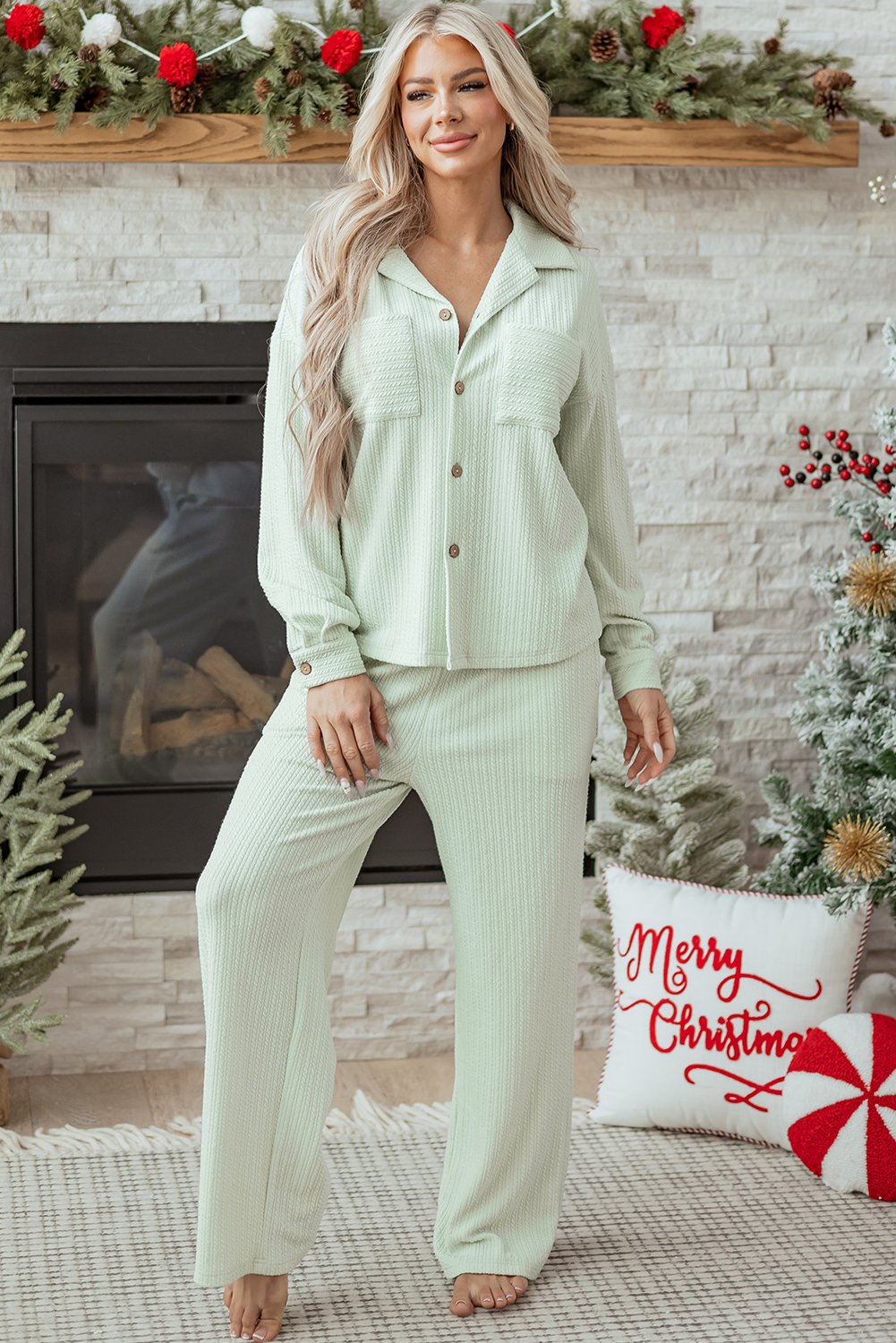 Clearly Aqua Textured Patched Chest Pocket Shirt and Pants Set - loveforevers