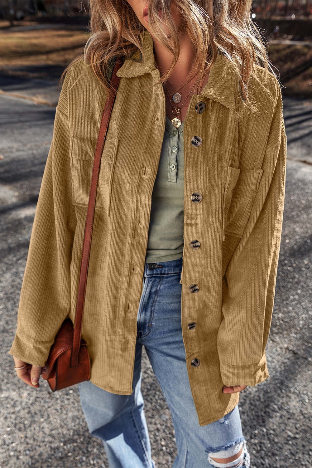 Light French Beige Patched Pocket Button Up Corduroy Shacket - loveforevers