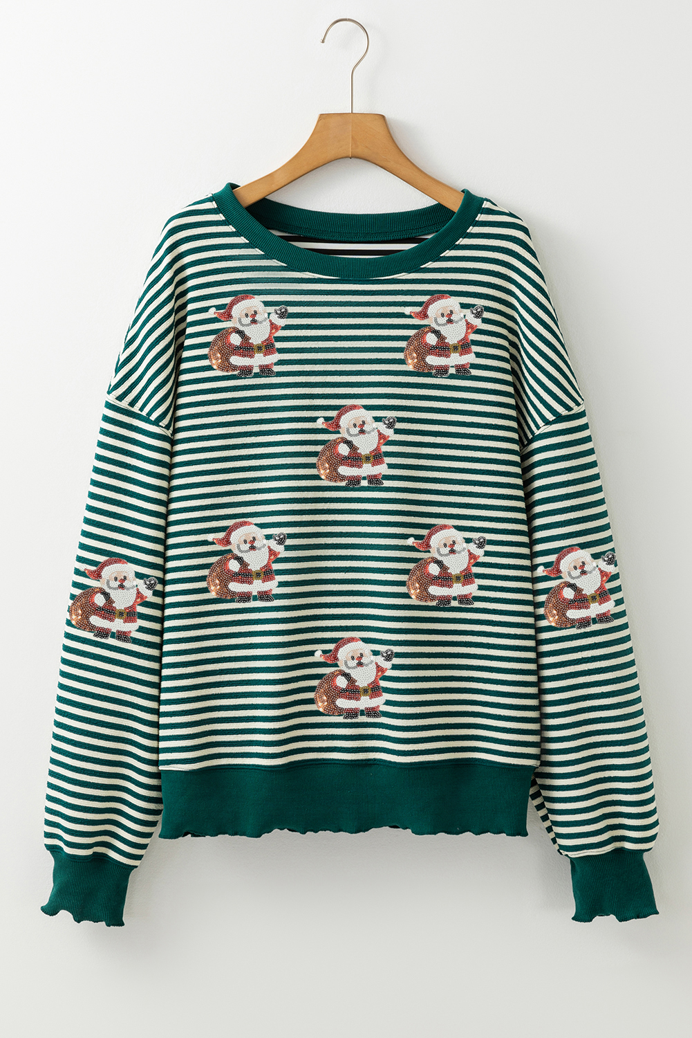 Green Stripe Santa Claus Delivering Gifts Sequin Graphic Long Sleeve Top - loveforevers