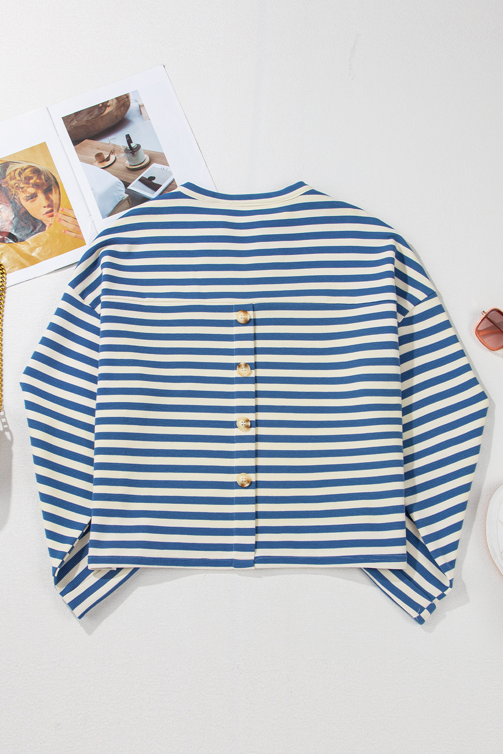 Sky Blue Stripe Chest Pocket Buttoned Back Notched V Neck Top - loveforevers