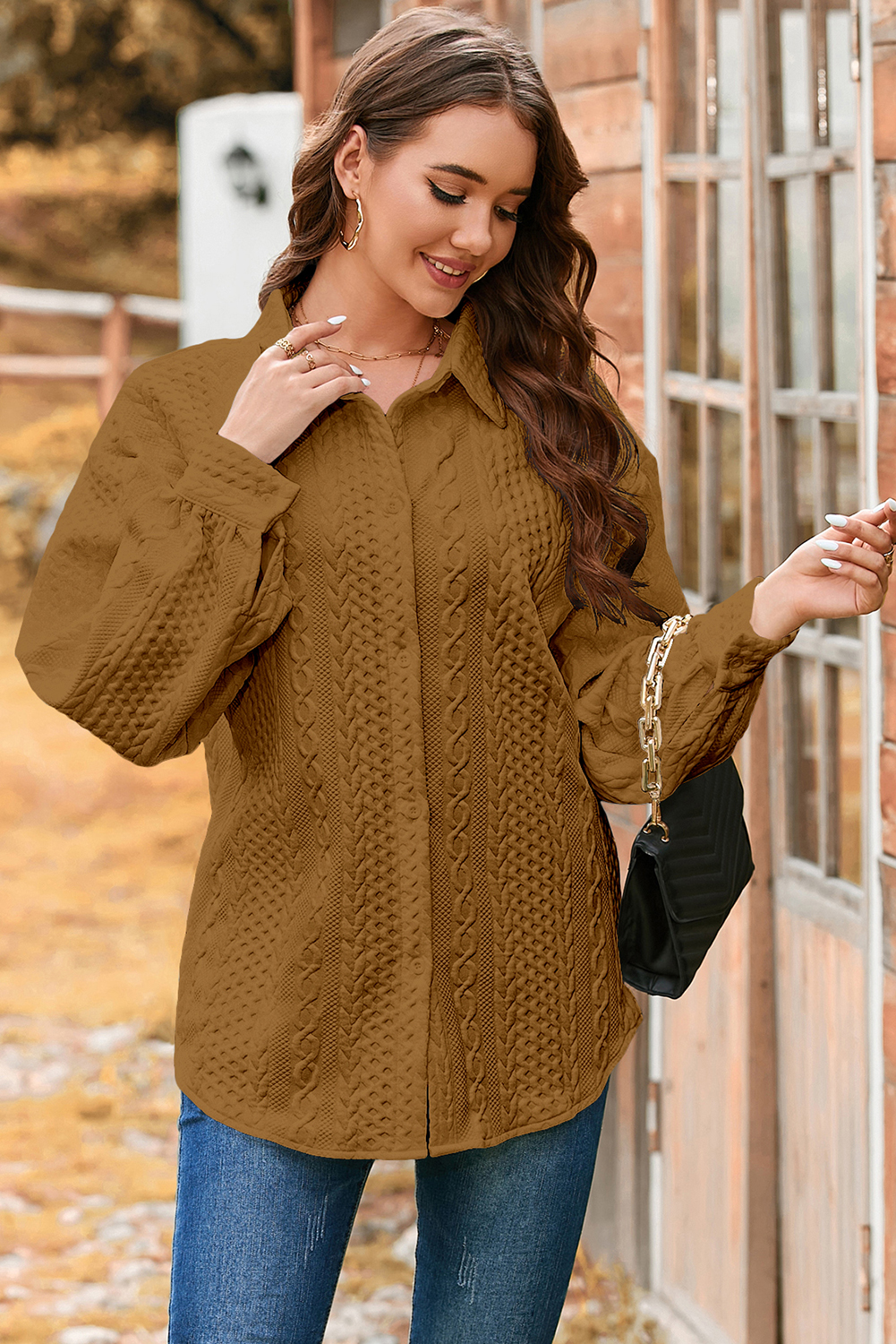Sepia Rose Cable Texture Puff Sleeve Loose Shacket - loveforevers