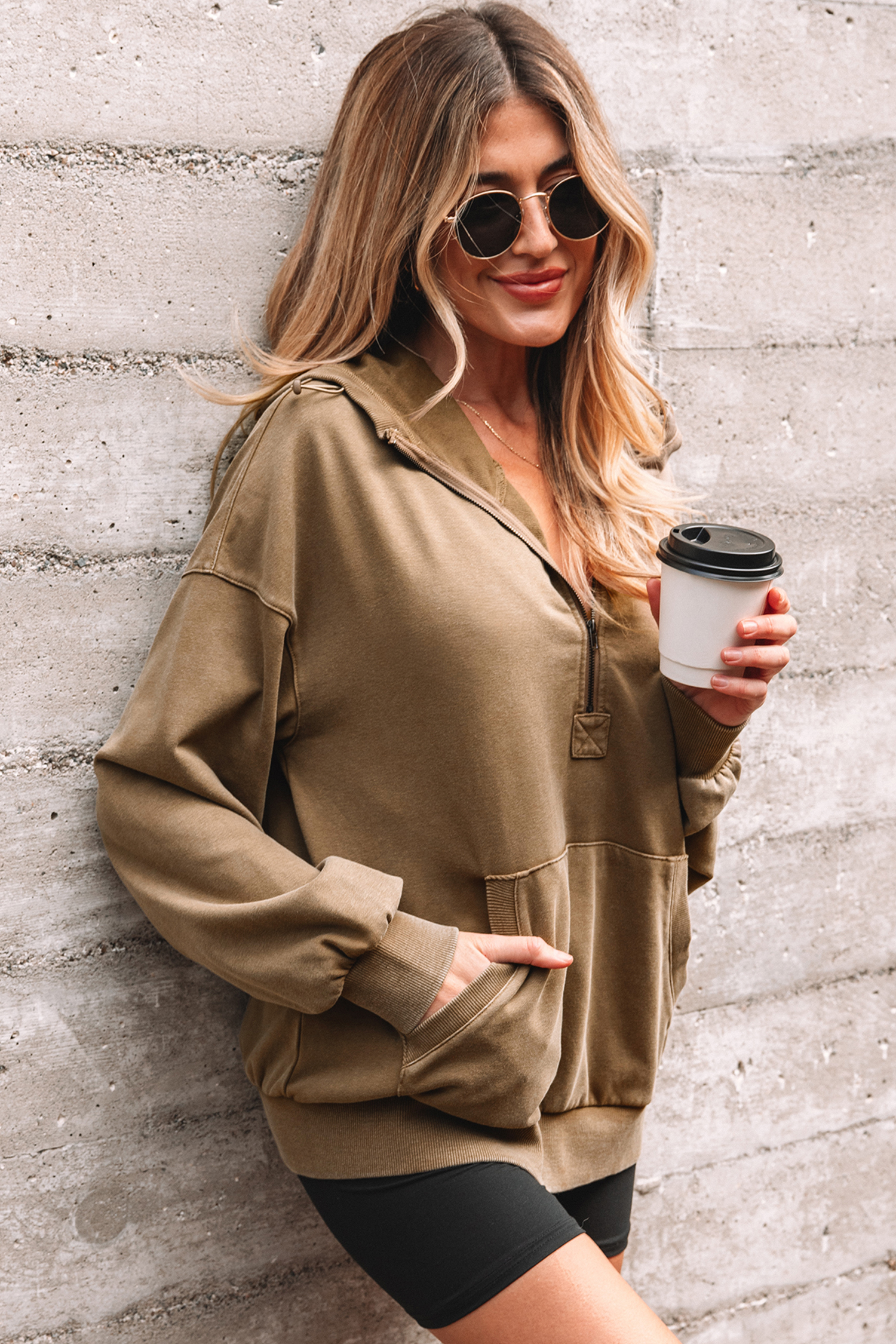 Canton Half Zip Kangaroo Pocket Mineral Wash Baggy Hoodie - loveforevers