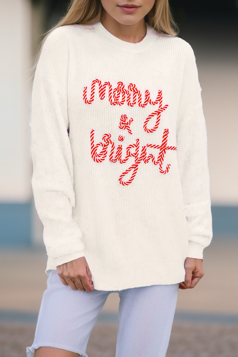 White Striped Merry Bright Letter Christmas Sweater - loveforevers