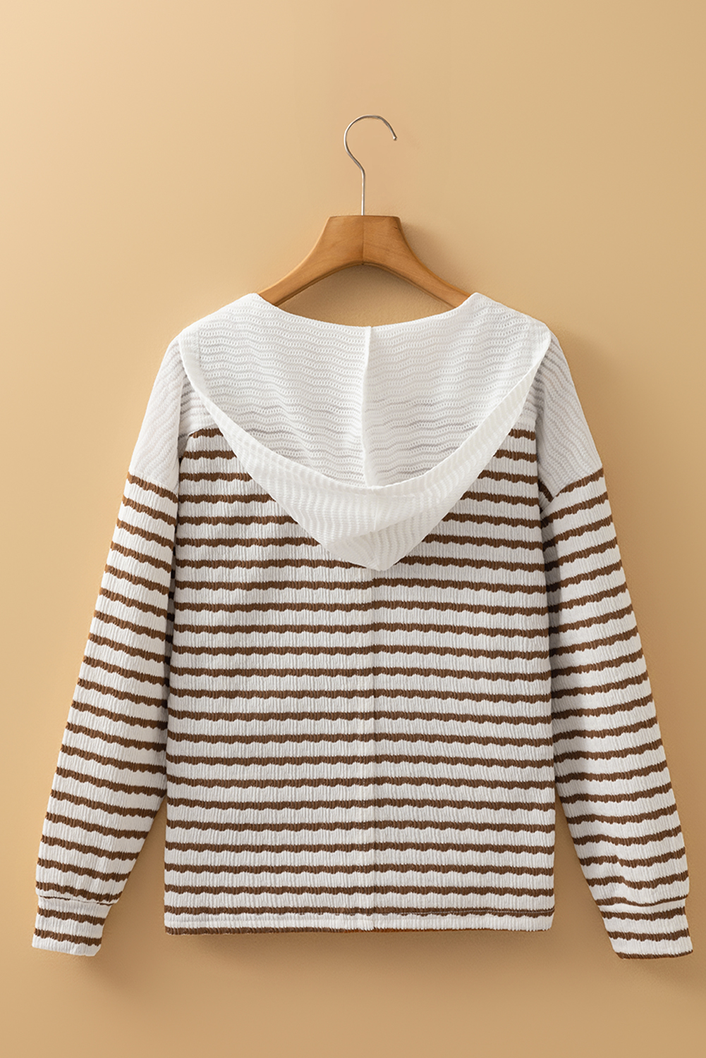 Khaki Stripe Textured Hooded V Neck Casual Long Sleeve Top - loveforevers
