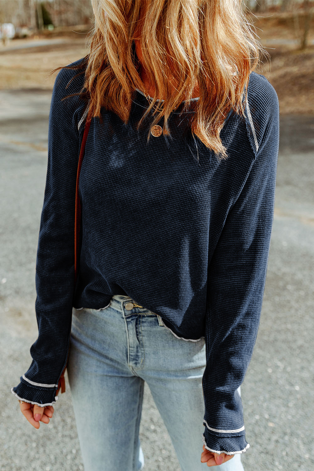 Smoke Gray Textured Round Neck Long Sleeve Top - loveforevers
