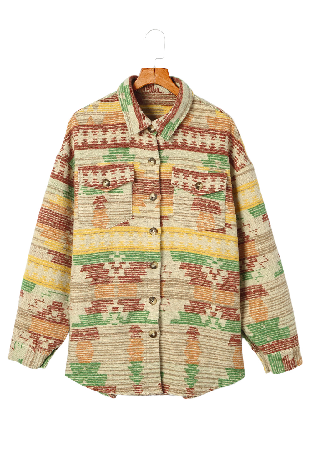 Yellow Western Aztec Print Button Flap Pocket Shacket - loveforevers