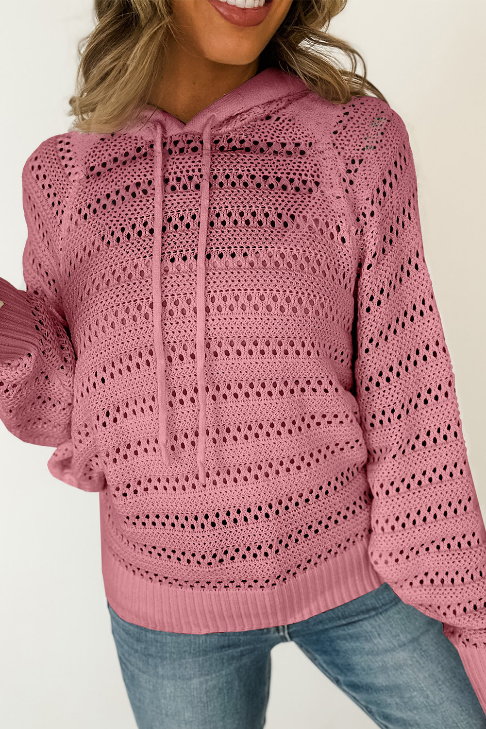 Peach Blossom Pointelle Knit Raglan Sleeve Hooded Sweater - loveforevers