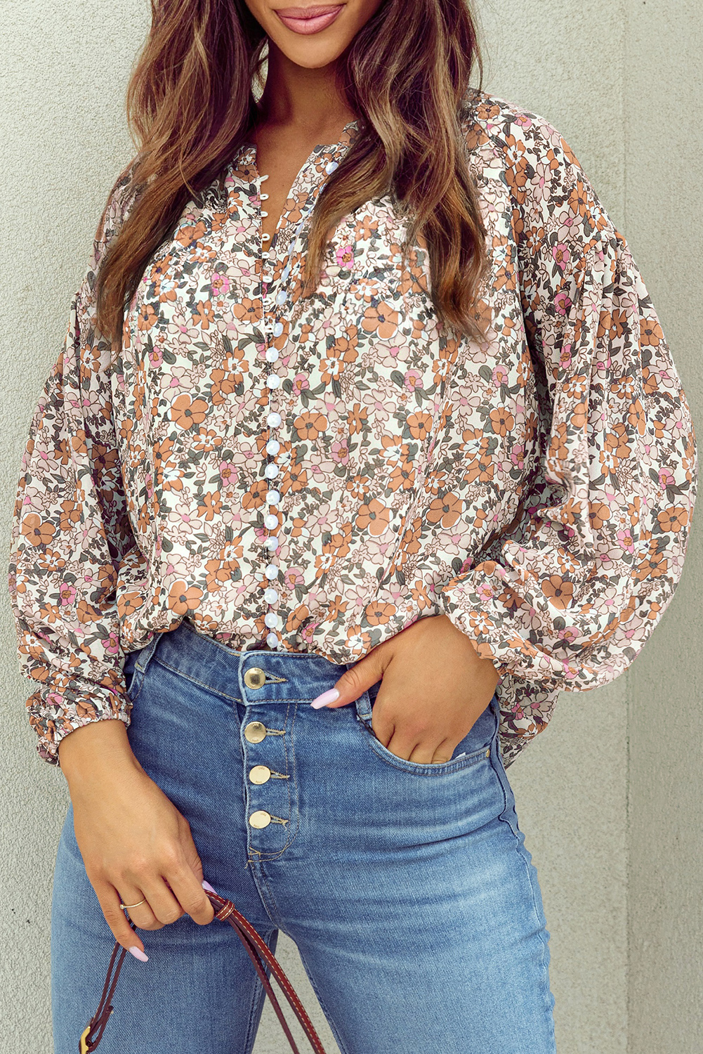 Orange Bohemian Floral Puff Sleeve Full Button Shirt - loveforevers