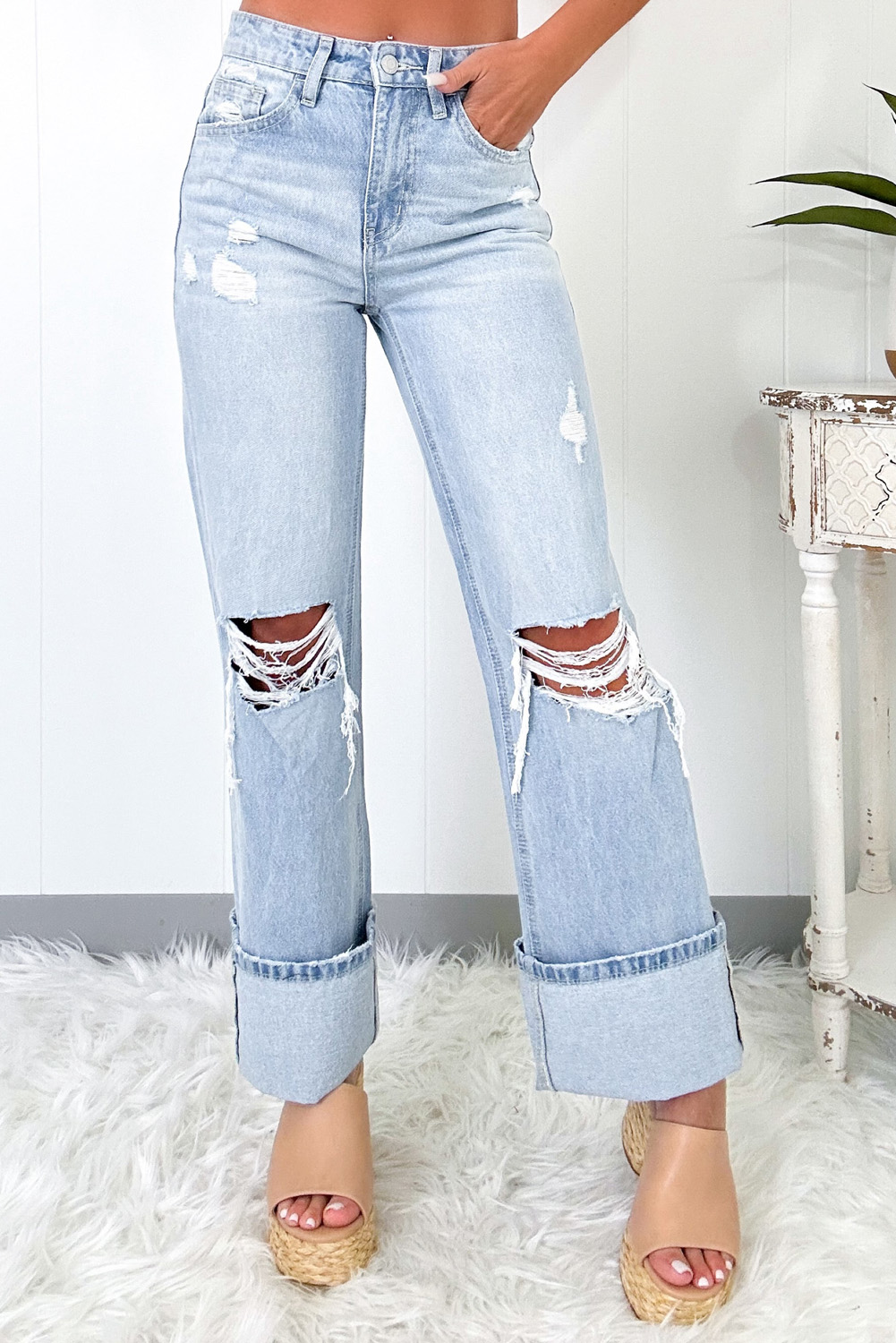 Beau Blue Light Wash Distressed Straight Jeans - loveforevers