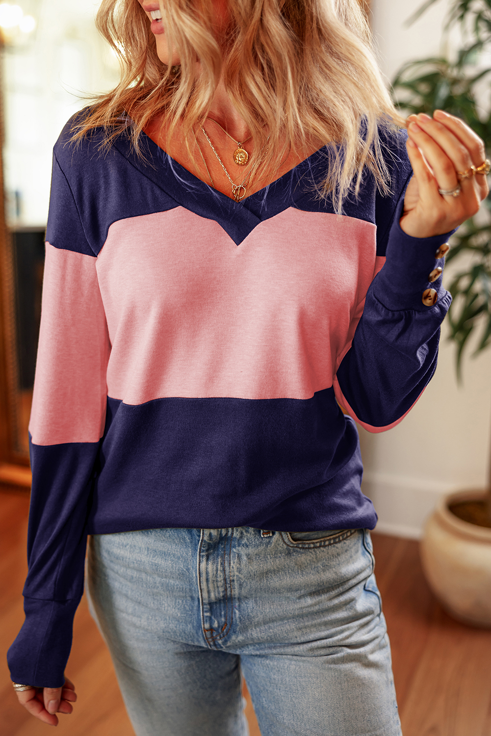 Blue Stripe Colorblock Button Decor Long Sleeve V Neck Top - loveforevers