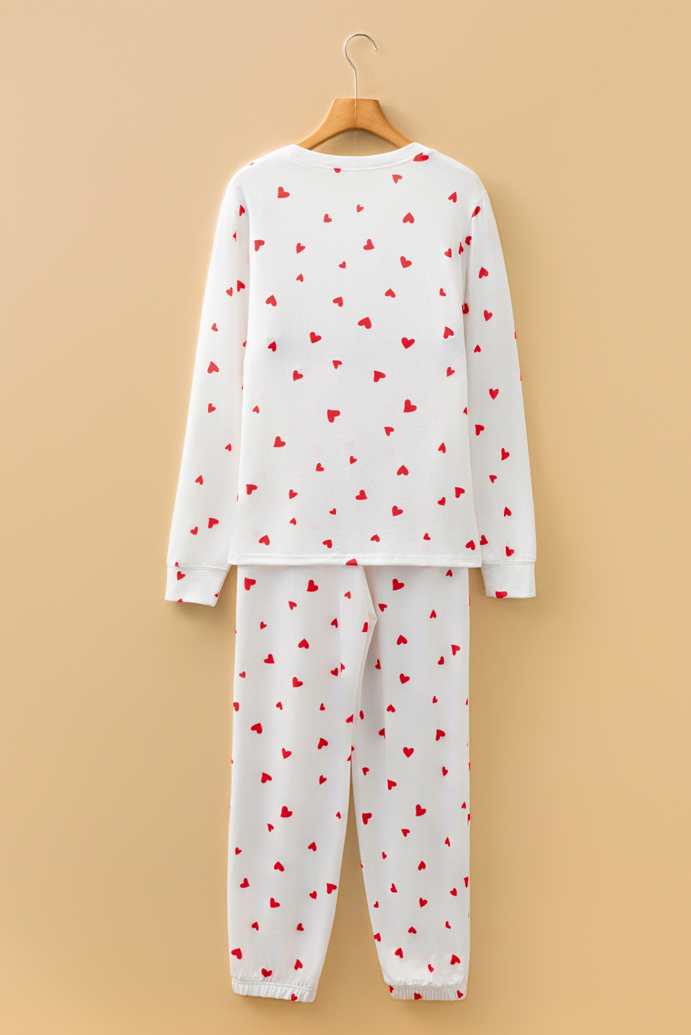 Fiery Red Tiny Hearts Printed Long Sleeve Top Drawstring Lounge Pant Set - loveforevers