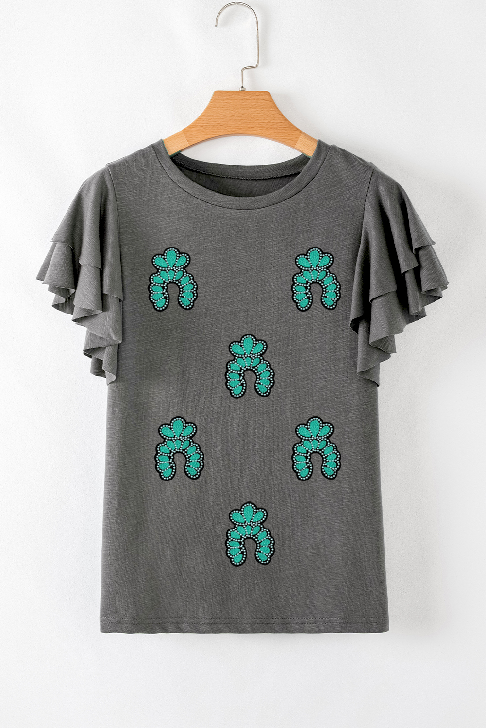 Dark Grey Sequin Turquoise Pattern Ruffle Sleeve Cowgirl Tee - loveforevers