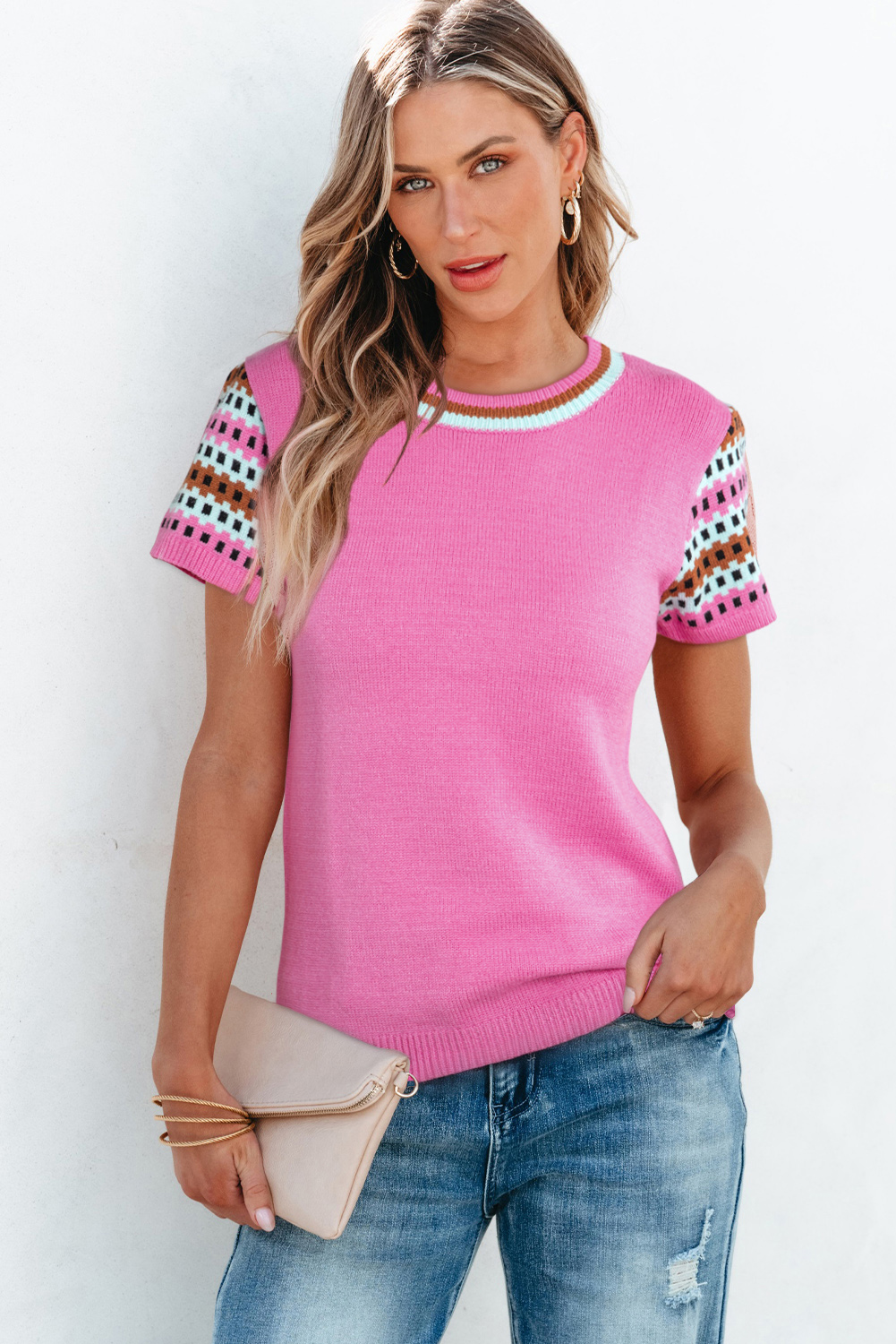Bright Pink Contrast Printed Cap Sleeves Crewneck Sweater - loveforevers