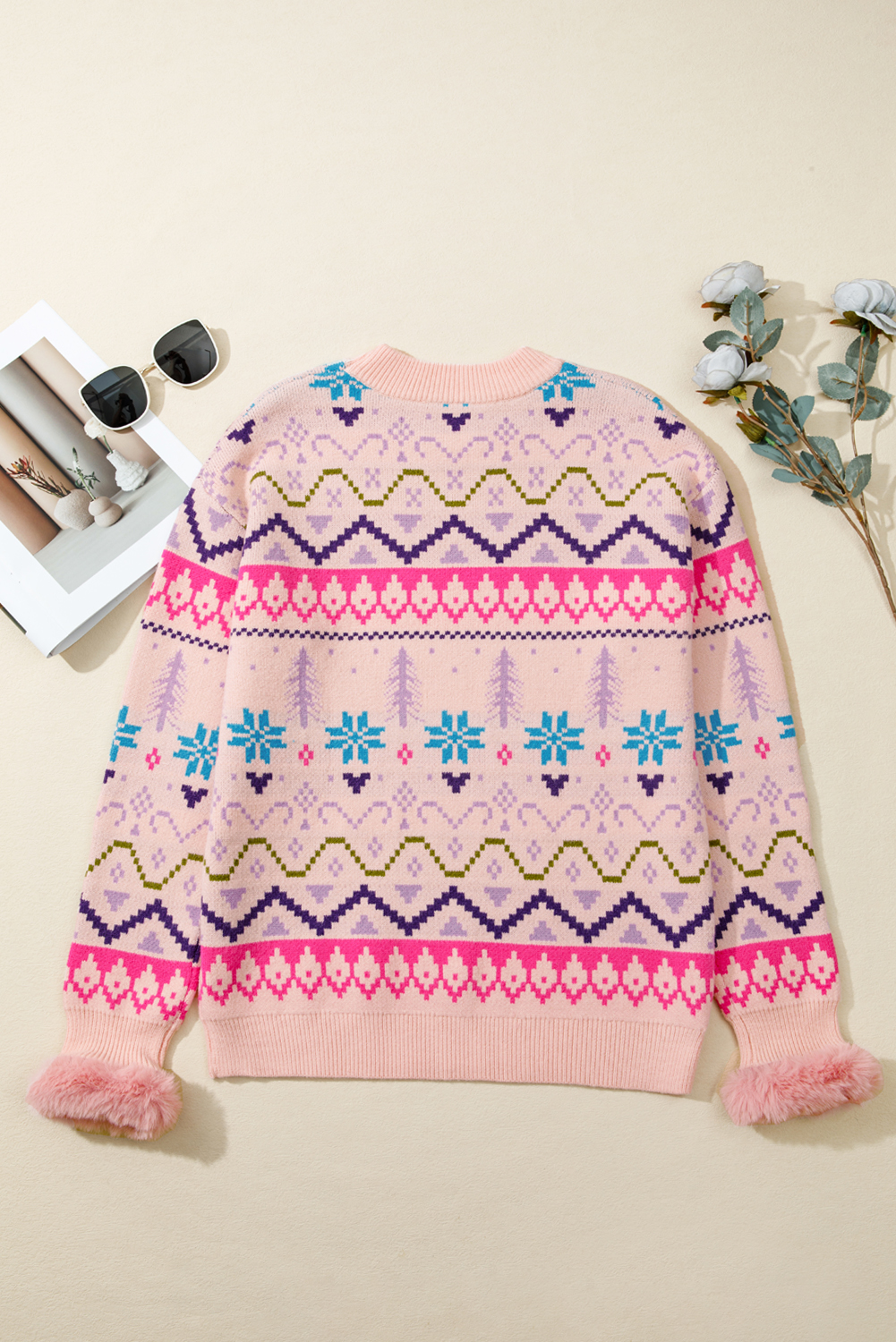Multicolour Ethnic Christmas Pattern Knit Feather Cuffed Sweater - loveforevers