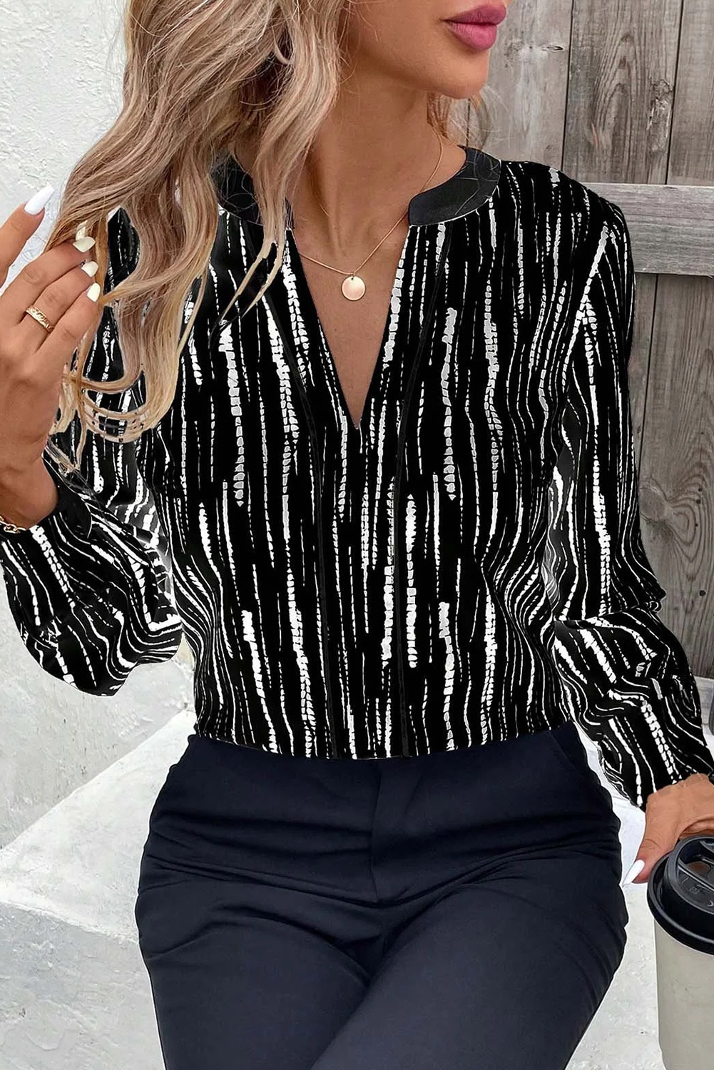 White Abstract Printed V Neck Fall Blouse - loveforevers