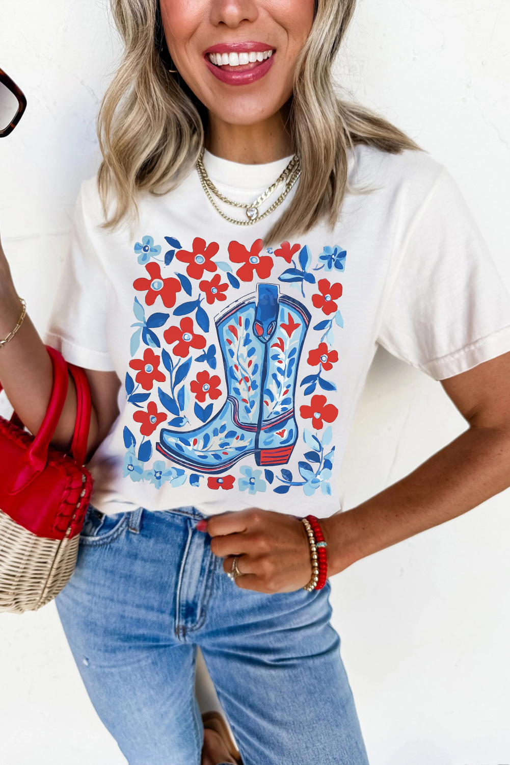 White Floral Western Boots Printed Cotton Blend T Shirt - loveforevers