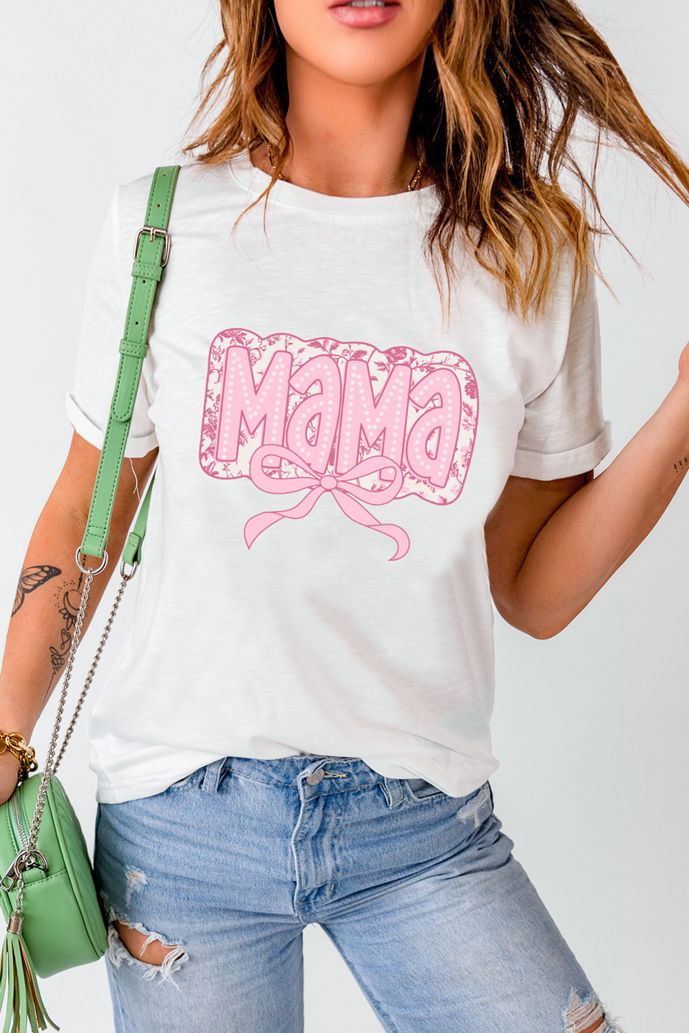 White MaMa Bowknot Graphic Crewneck Mothers Day T Shirt - loveforevers