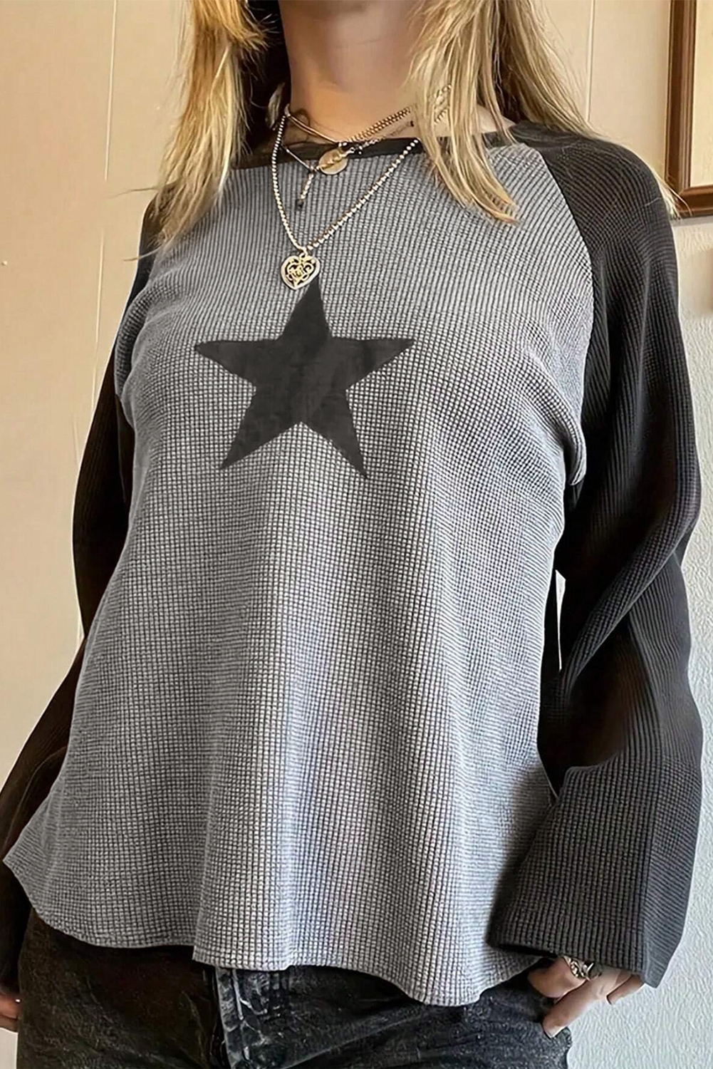 Gray Waffle Knit Colorblock Star Patch Graphic Raglan Top - loveforevers