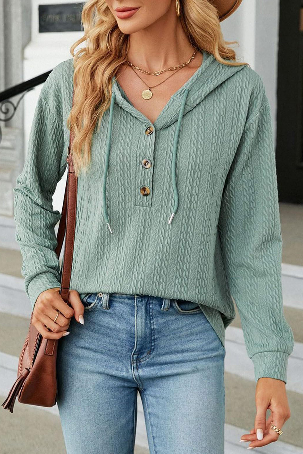 Mint Green Button Front Textured Drawstring Hooded Long Sleeve Top - loveforevers