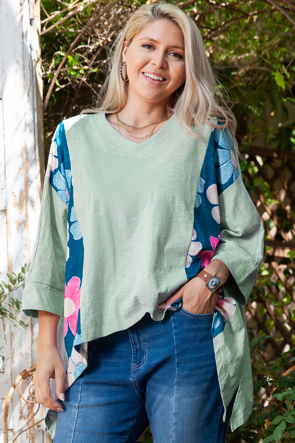 Green Plus Size Flower Patchwork High Low Top - loveforevers