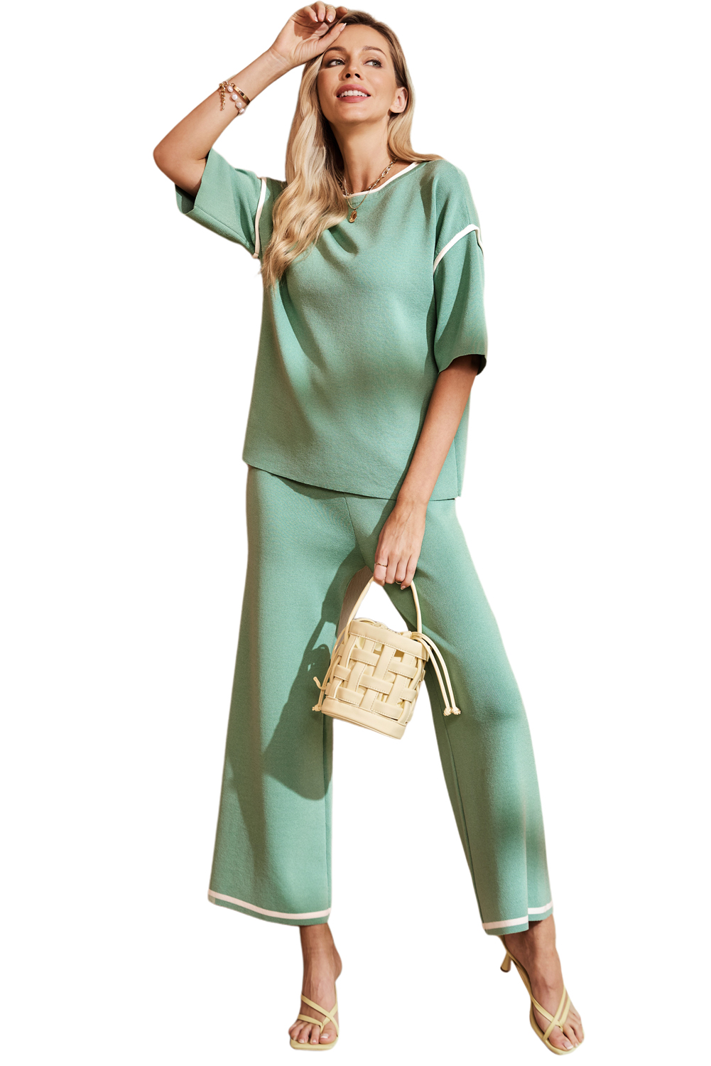 Blackish Green Contrast Trim Half Sleeve Top Drawstring Pants Loose 2pcs Sweater Suit - loveforevers