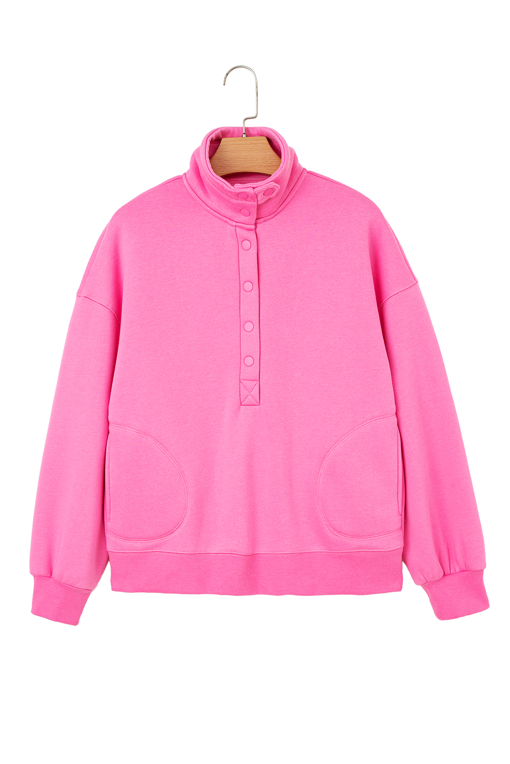 Bright Pink Half Button Stand Neck Drop Shoulder Sweatshirt - loveforevers