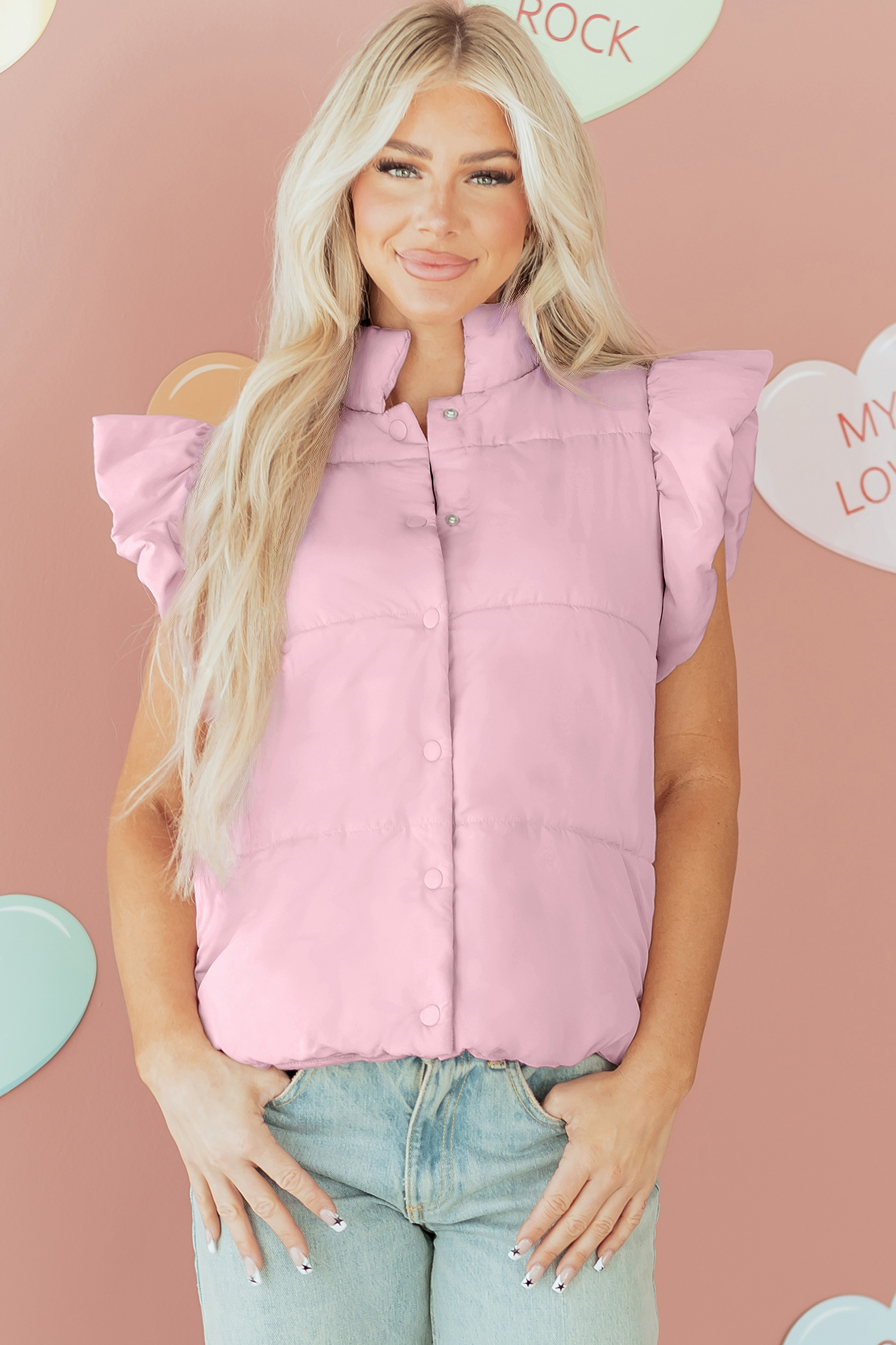 Pink Stand Neck Flutter Sleeve Snap Button Puffer Vest - loveforevers