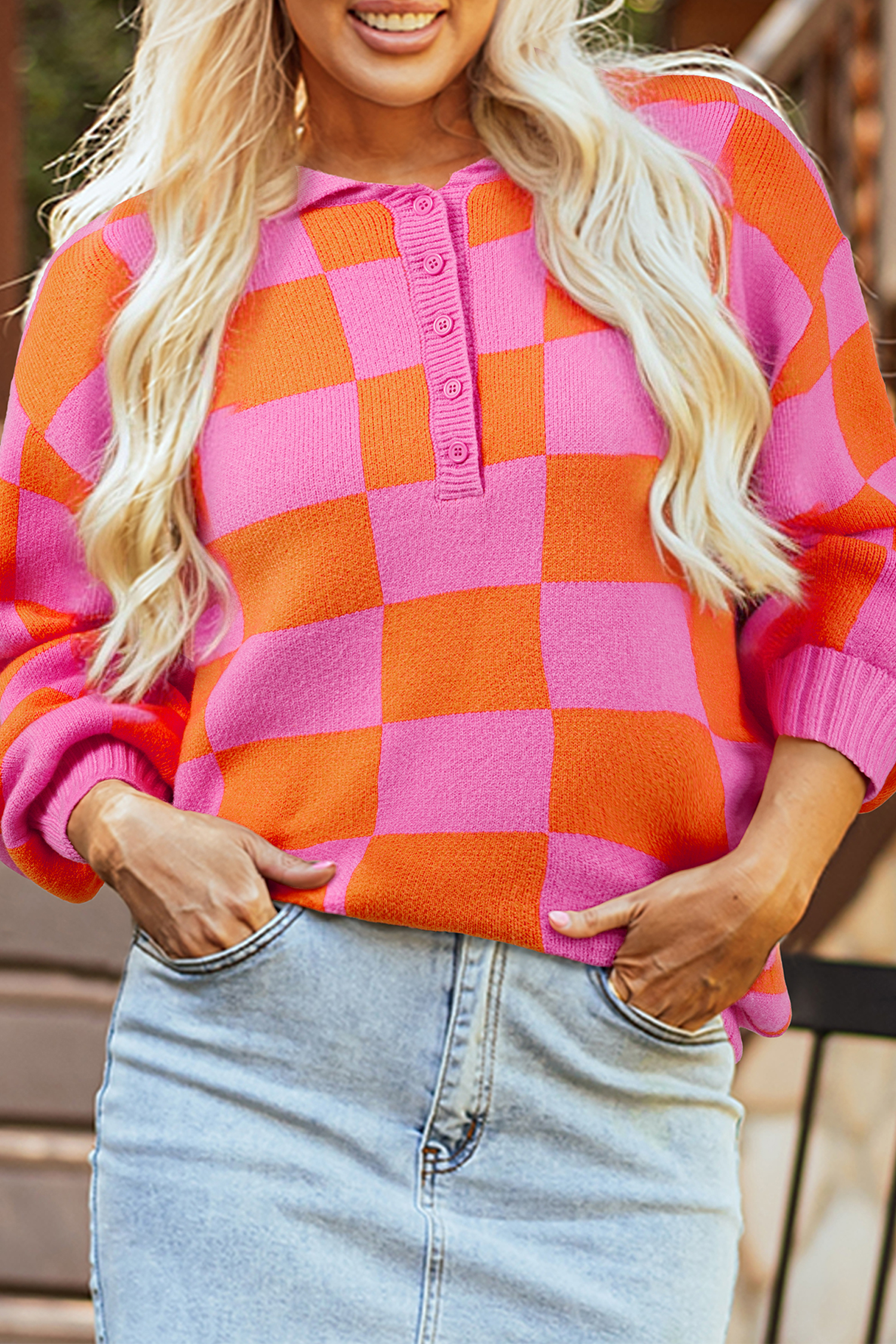 Sachet Pink Checkered Knit Polo Collar Baggy Sweater - loveforevers