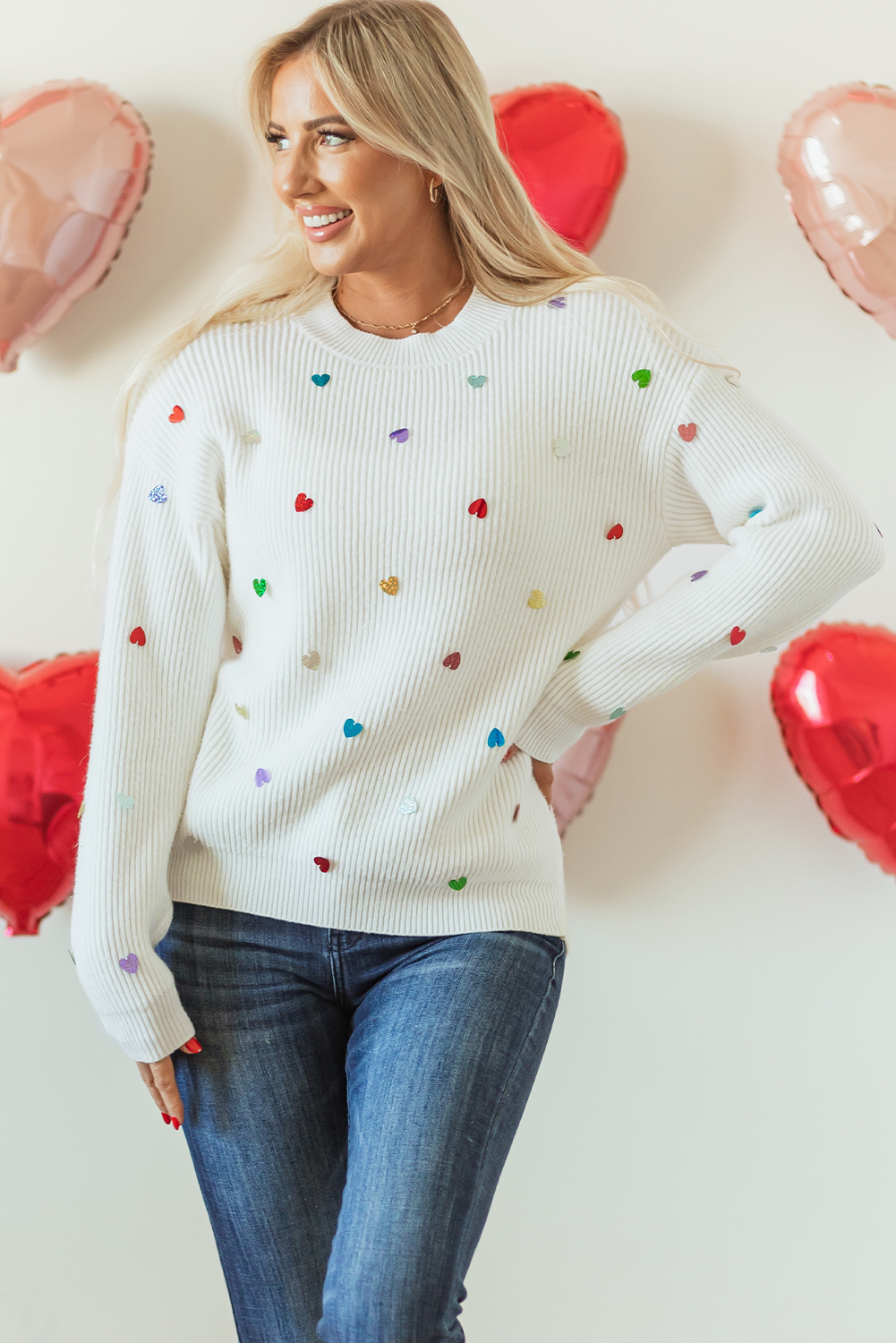 Beige Sequin Heart Shape Waffle Knit Round Neck Sweater - loveforevers