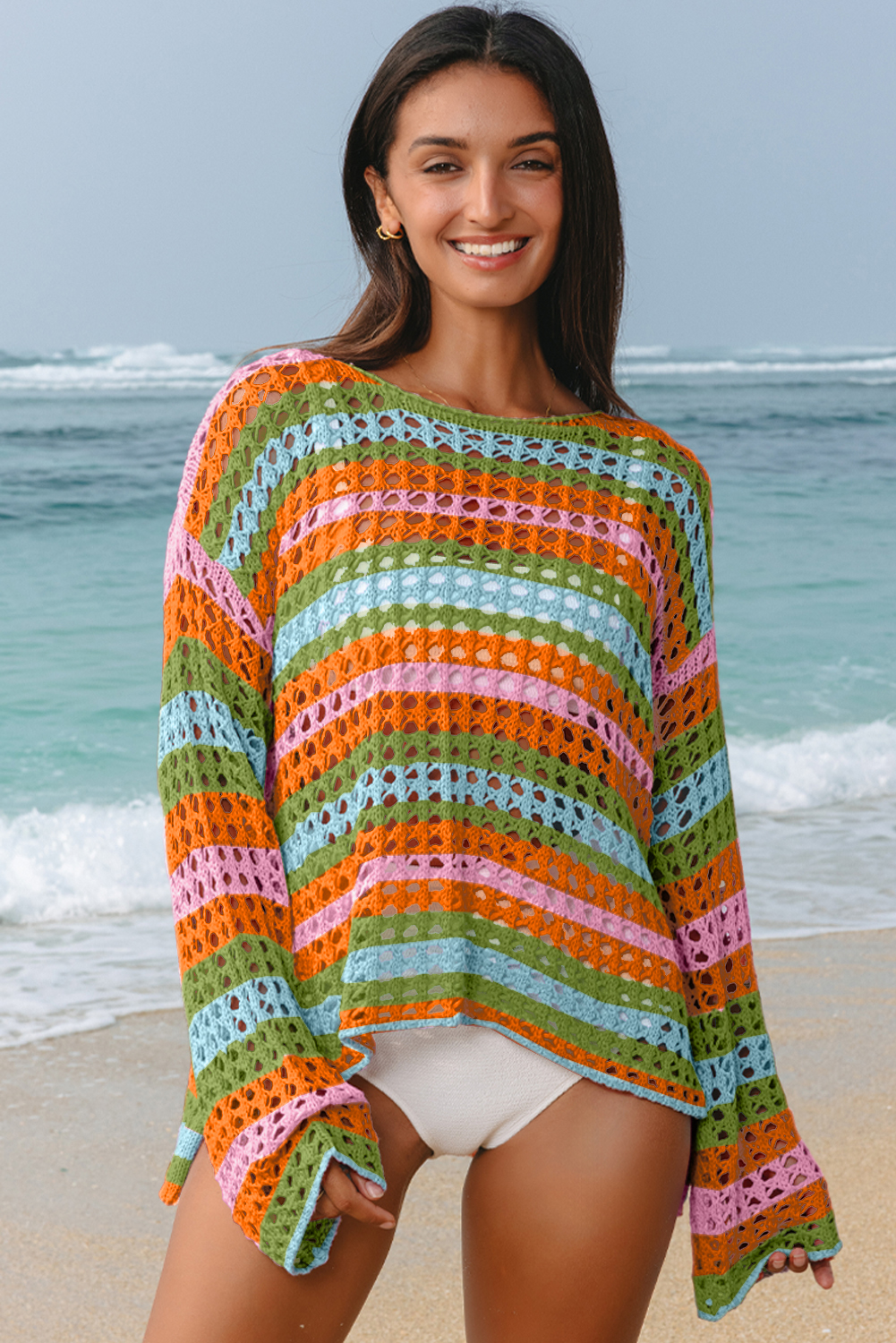 Purple Multi Stripe Open Knit Sweater Beach Cover Up - loveforevers
