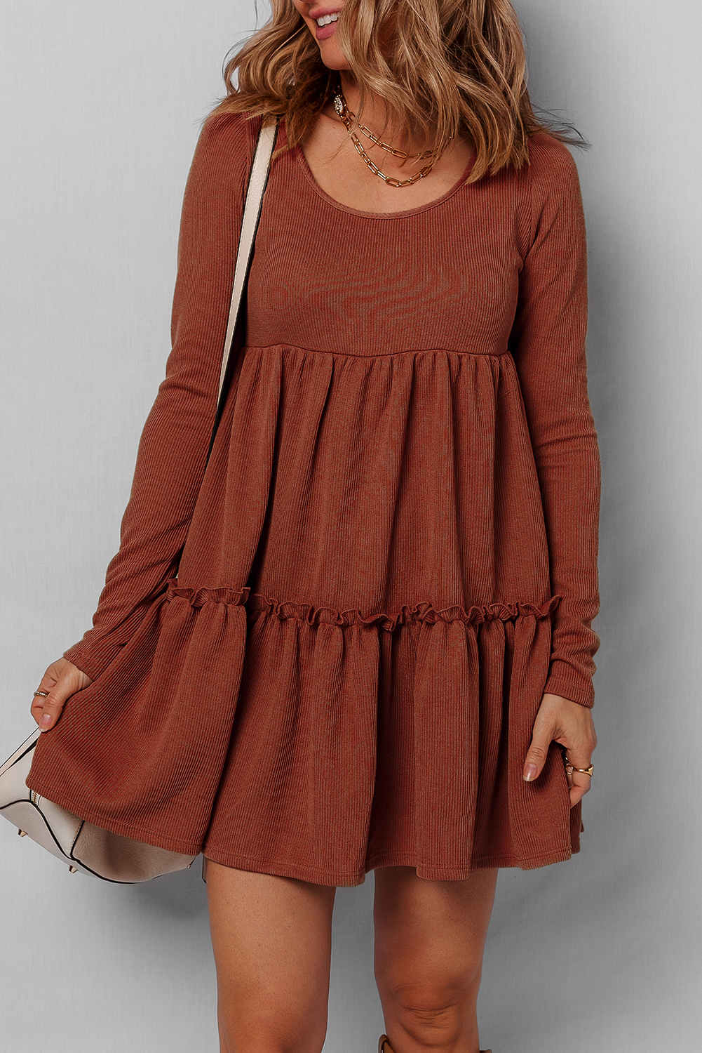 Straw Yellow Ribbed Frilled Trim High Waist Long Sleeve Mini Dress - loveforevers