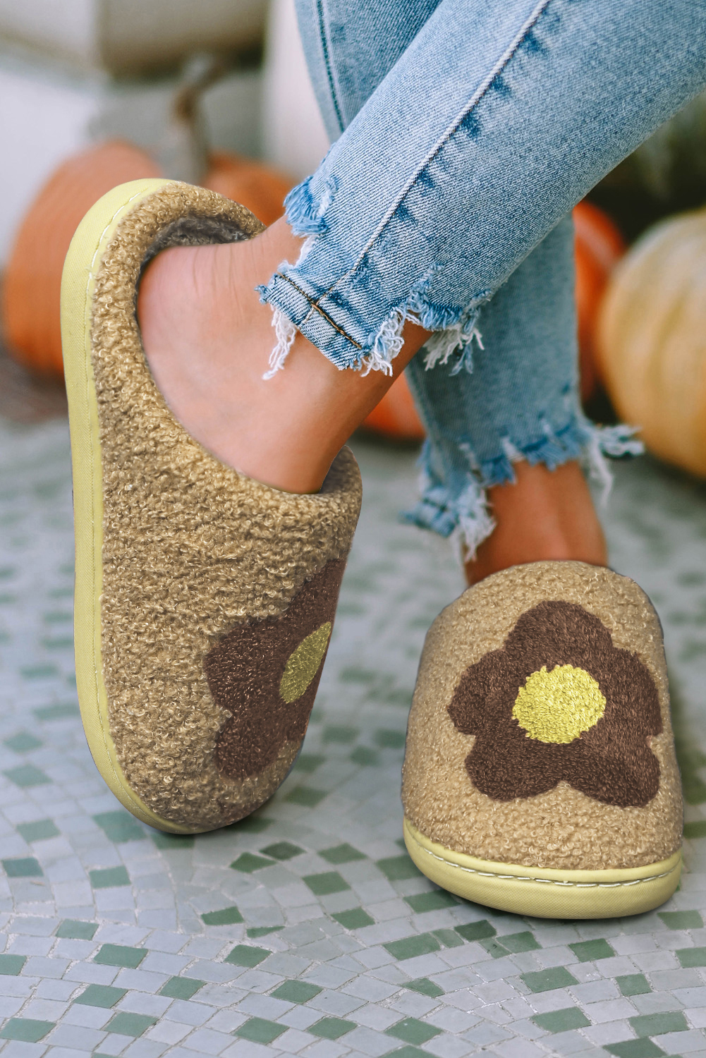 Camel Fuzzy Flower Pattern Homewear Slippers - loveforevers