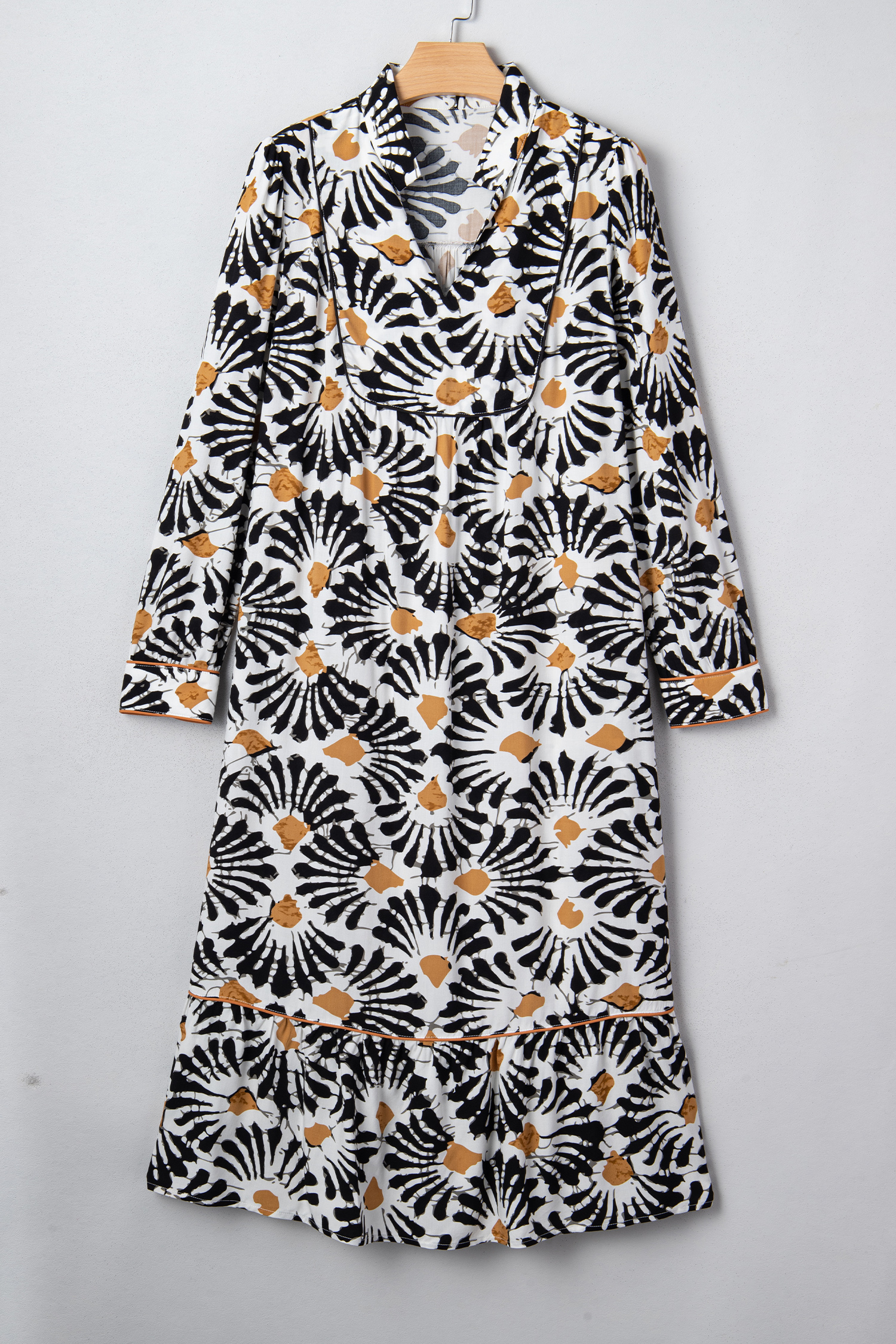Black Abstract Floral Print Split V Neck Long Dress with Sleeves - loveforevers