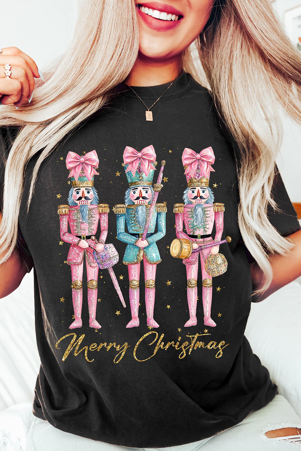 Black Nutcracker Merry Christmas Printed Crewneck T Shirt - loveforevers