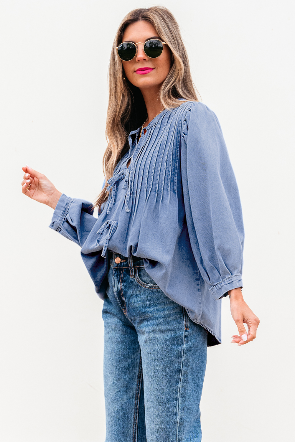 Myosotis Denim Front Pintuck Bow Tie Puff Sleeve Top - loveforevers