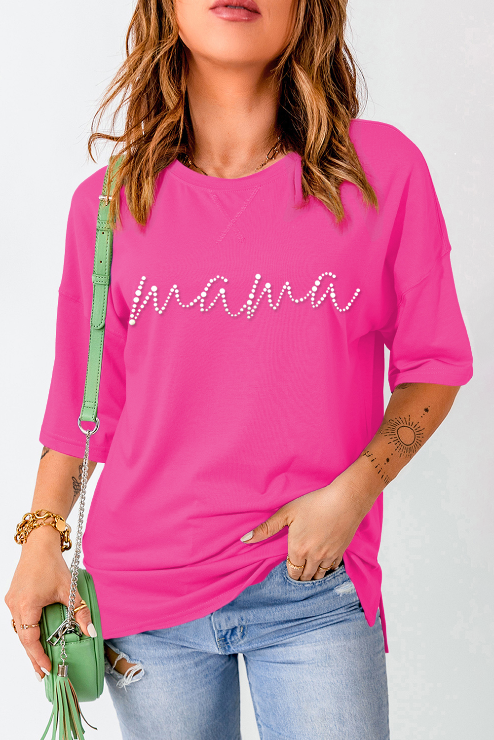 Rose Red Rhinestoned MAMA Graphic Drop Shoulder Half Sleeve Tee - loveforevers