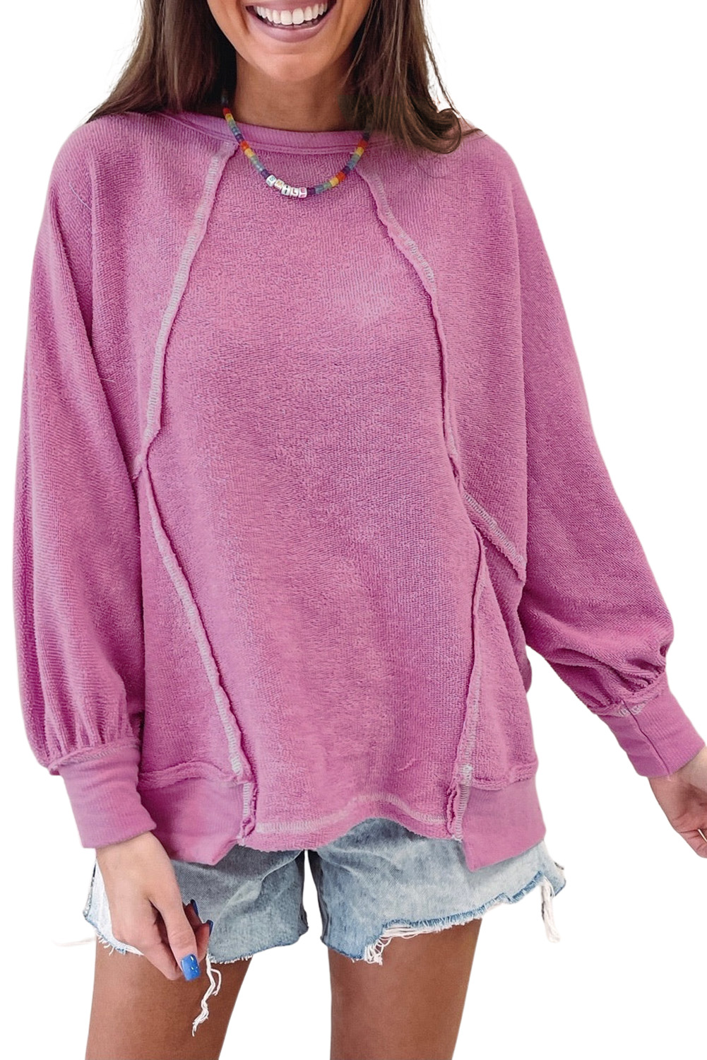 Pink Exposed Seam Round Neck Terry Pullover - loveforevers