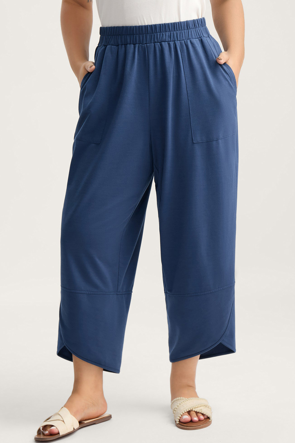 Sail Blue Plus Size Elastic Waist Asymmetrical Hem Loose Capris Pants - loveforevers