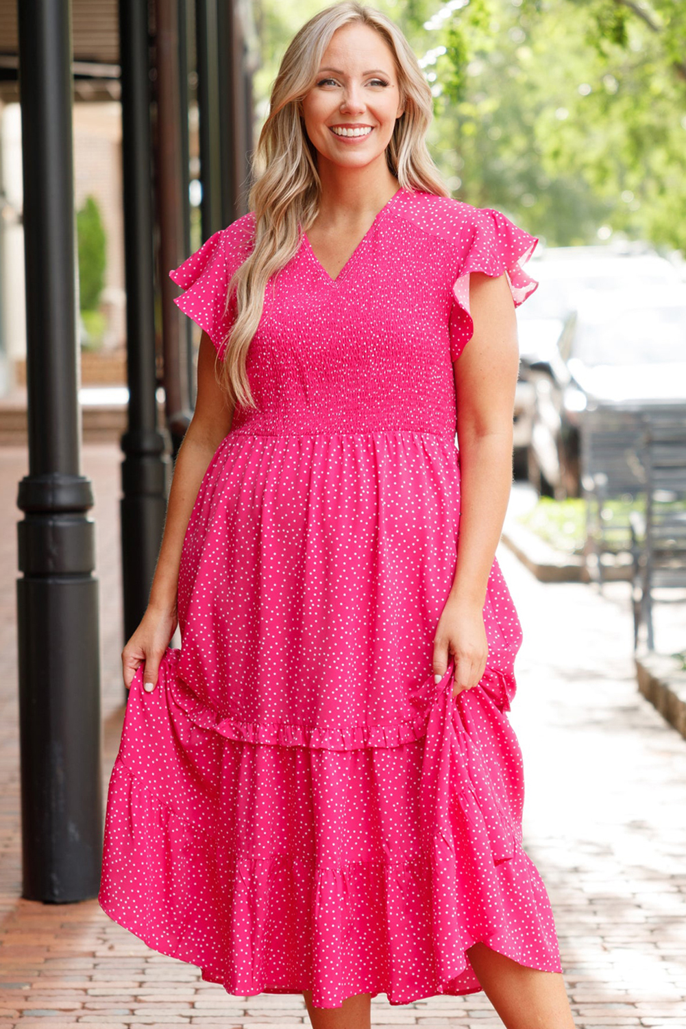 Rose Polka Dot Print Ruffled Smocked High Waist Plus Midi Dress - loveforevers