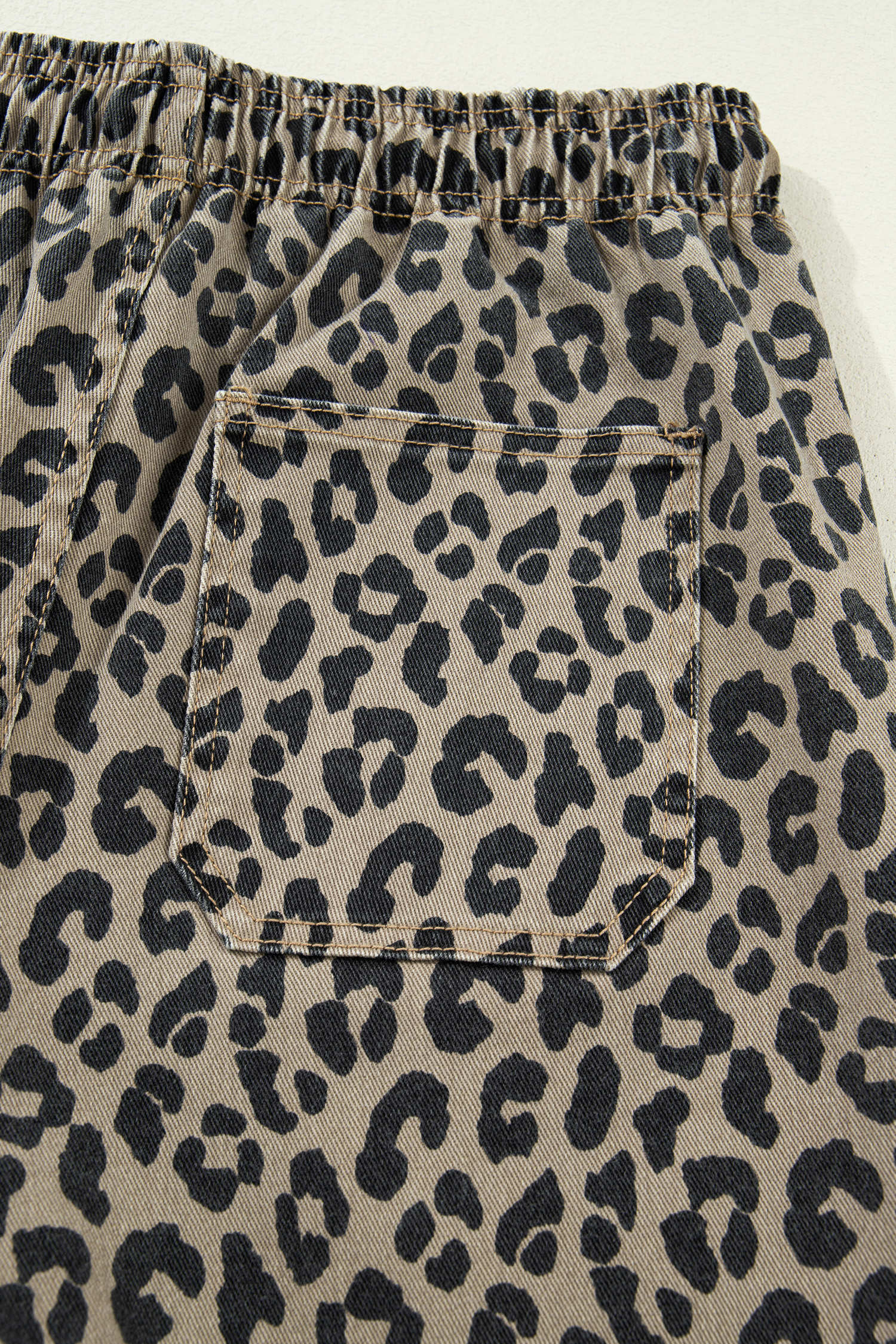 Khaki Leopard Print Drawstring Elastic Waist Loose Denim Pants with Pockets - loveforevers