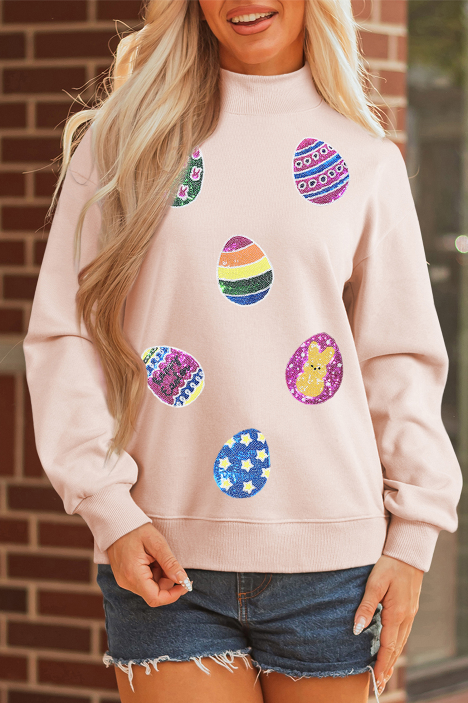 Apricot Pink Artistic Easter Eggs Sequin Patch Graphic Mock Neck Sweatshirt - loveforevers