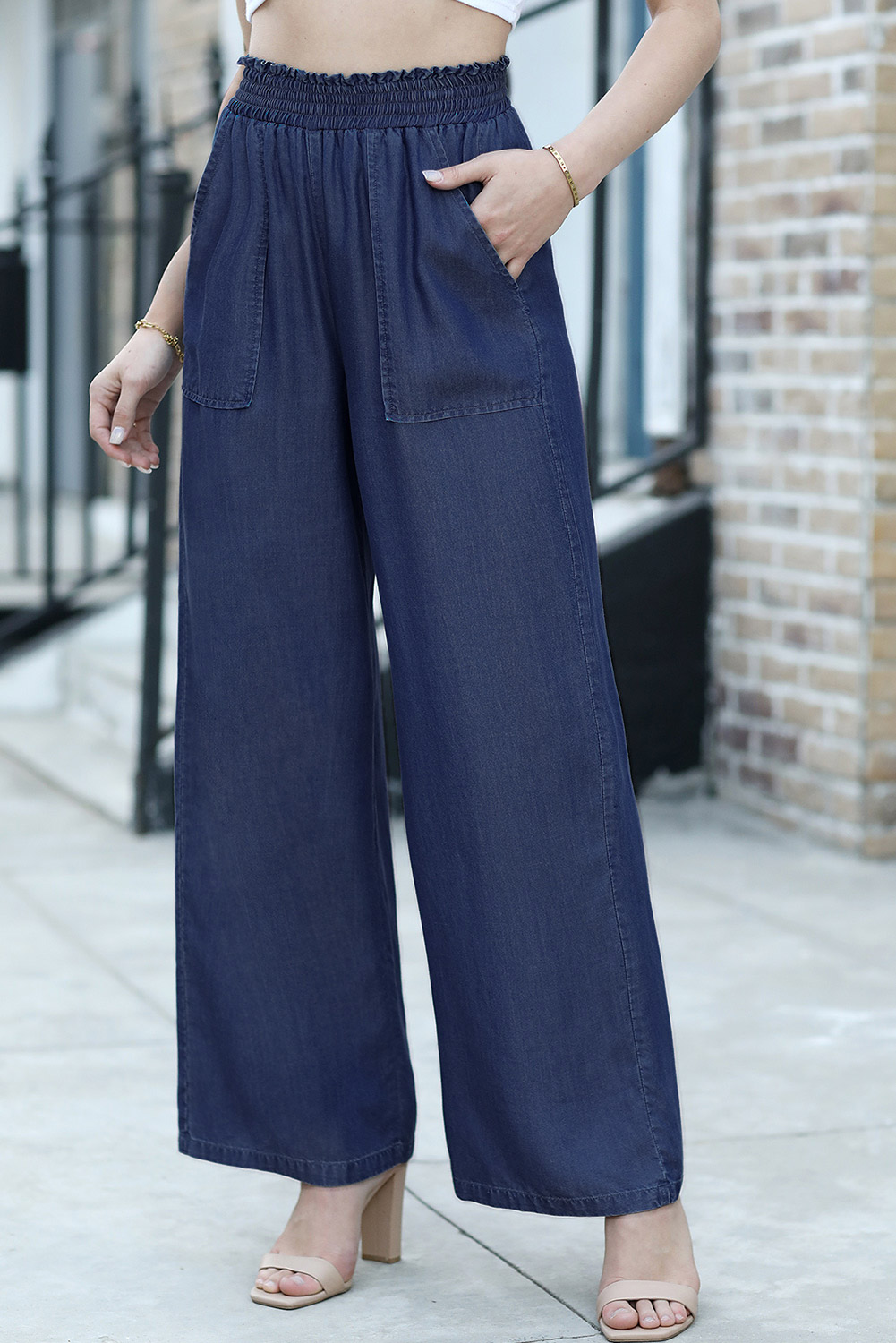 Black Side Pockets Frilled Smocked High Waist Wide Leg Jeans - loveforevers
