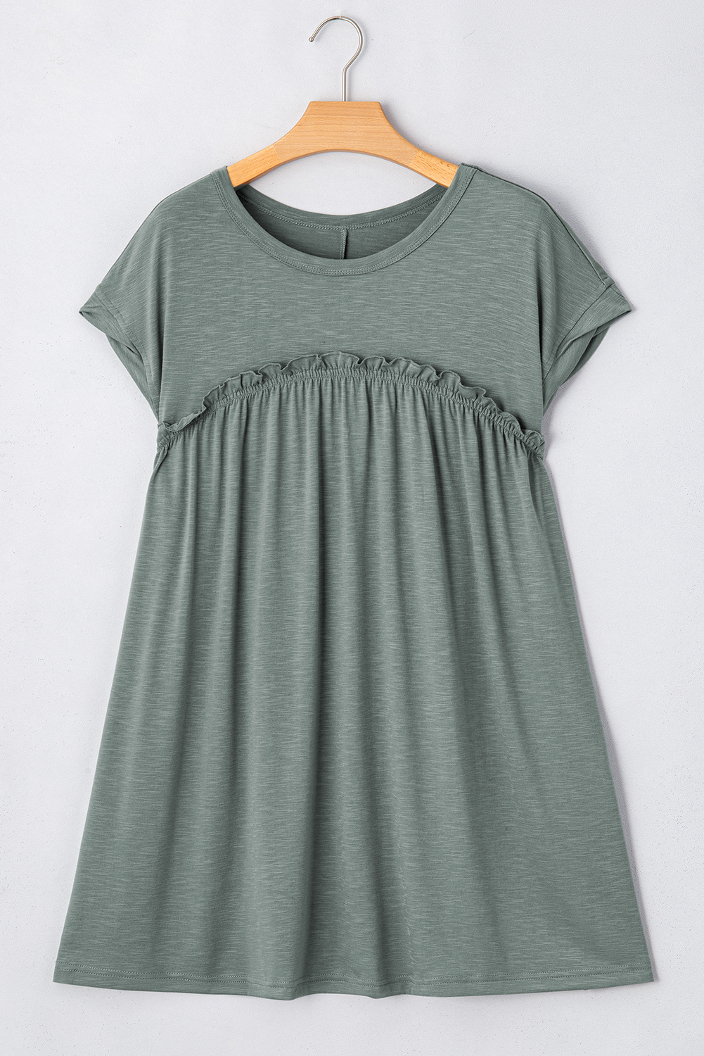 Mist Green Frilled Gathered Seam Round Neck T Shirt Dress - loveforevers