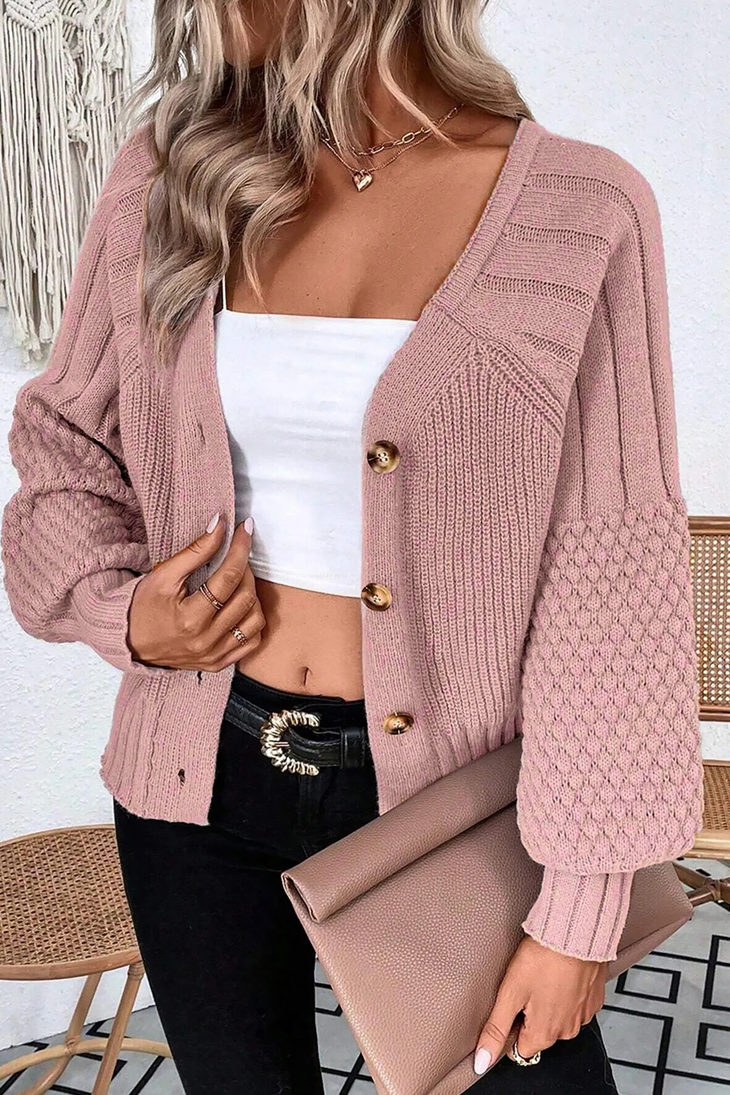 Light Pink Mixed Texture Knit Button V Neck Sweater Cardigan - loveforevers