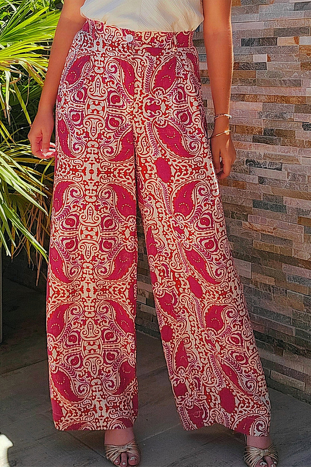 Red Paisley Printed Buttoned High Waist Straight Leg Pants - loveforevers