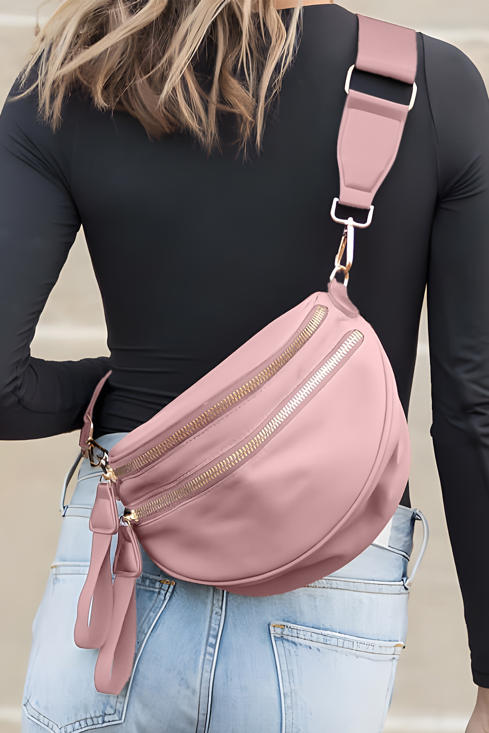 Jungle Green Double Zip Crescent Shape Adjustable Sling Bag - loveforevers