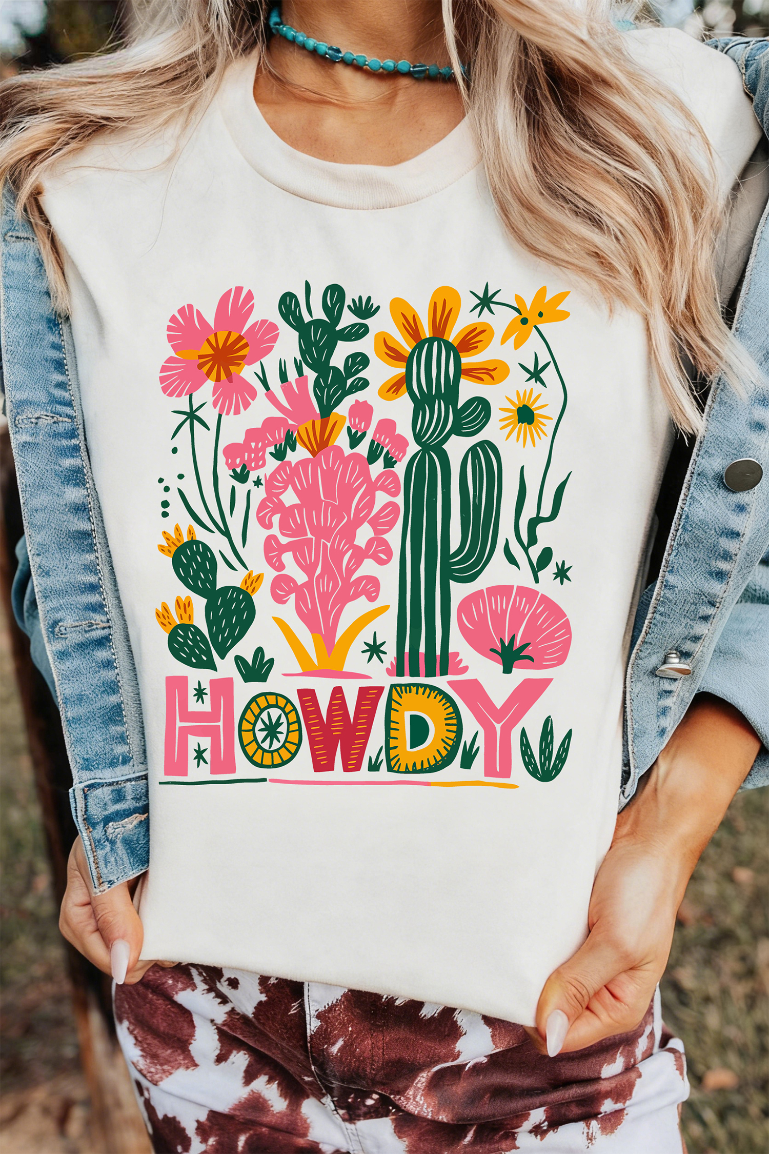 White HOWDY Cactus Flower Printed Cowgirl Fashion Tee - loveforevers
