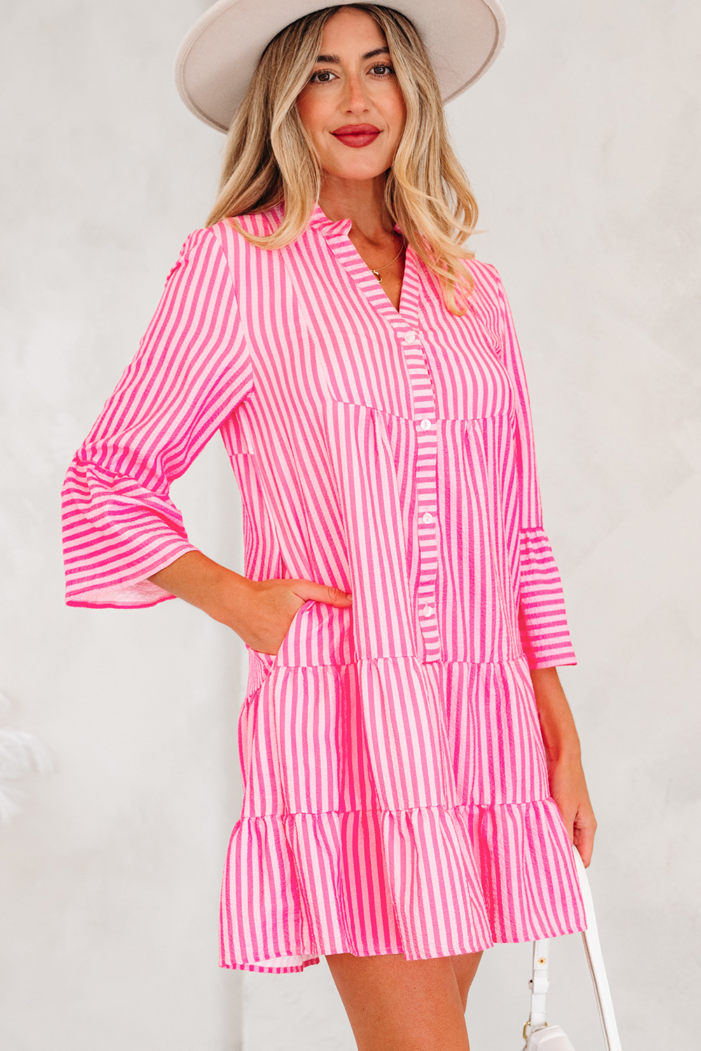 Pink Stripe Flare Sleeve Half Placket Tiered Flowy Mini Dress - loveforevers