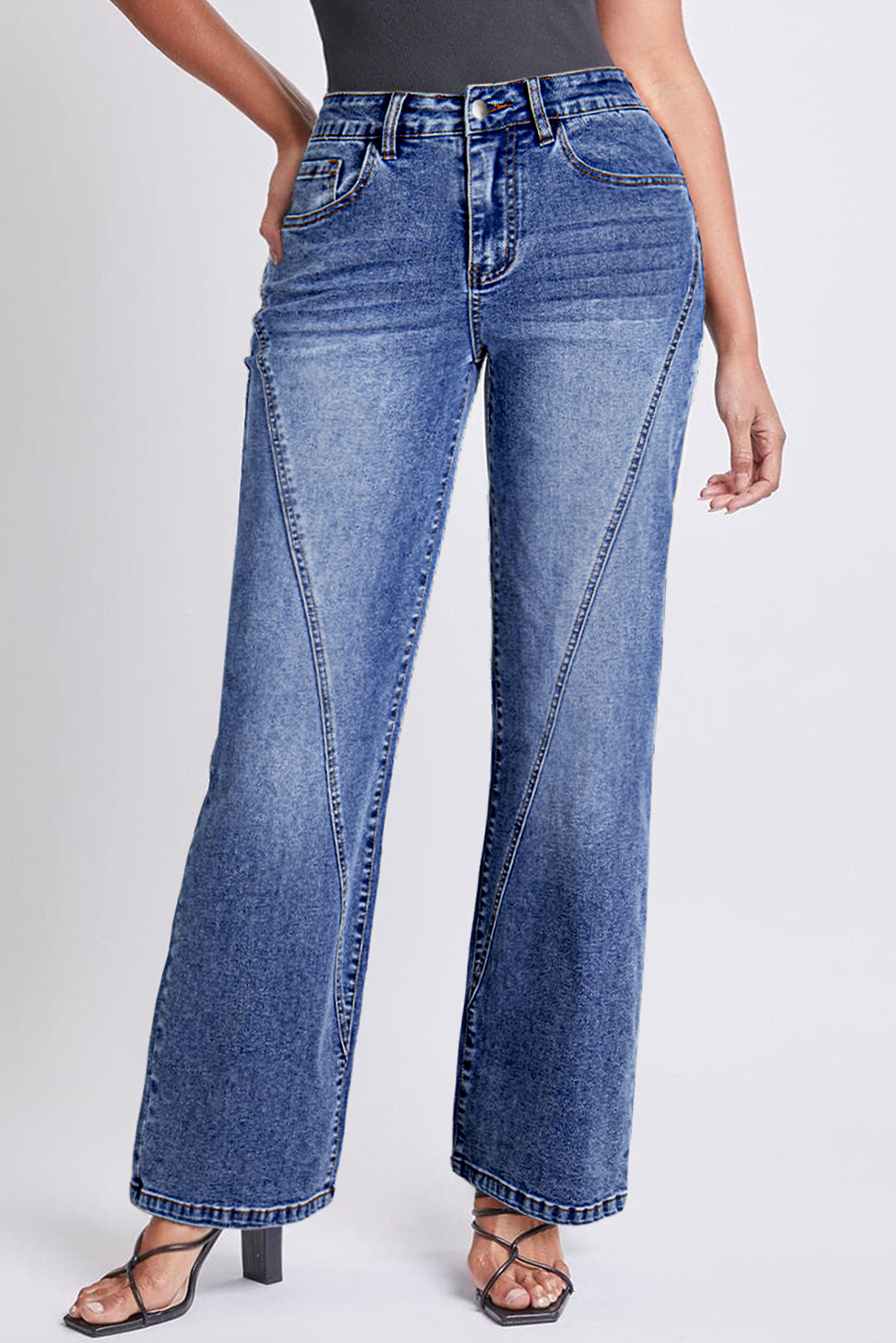 Dark Blue Trendy Seam Detail Straight Leg Jeans - loveforevers