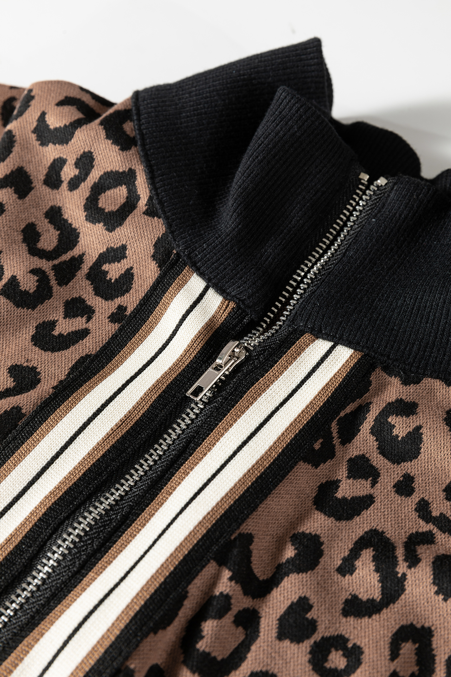 Khaki Leopard Print Quarter Zip Long Sleeve Top Mini Skirt Set - loveforevers